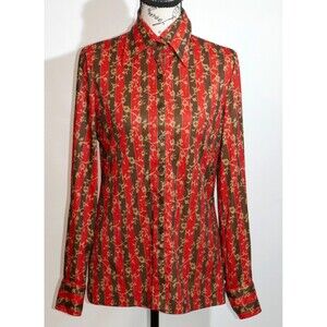 ACT III ILGWU Union Red Brown Stripe 100% Dacron Polyester Blouse Shirt